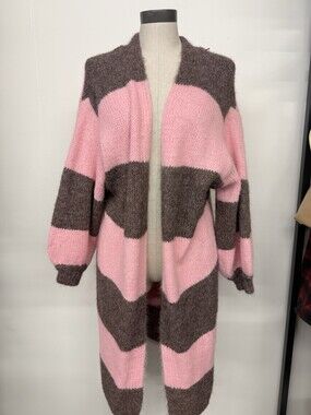 Oliver Women’s Pink Brown Striped Knit Open Front Cardigan Sweater Size Large